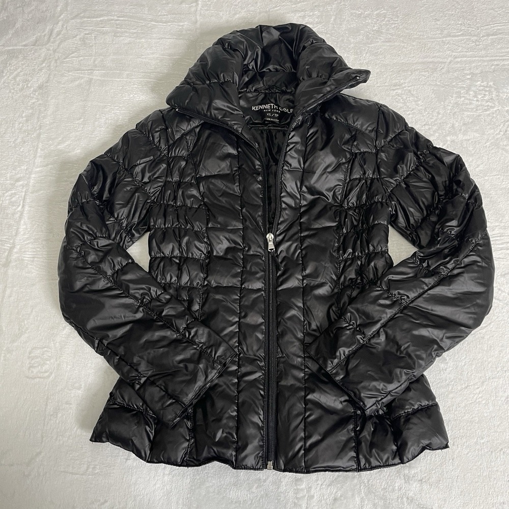 Kenneth Cole Puffer Jacket Womens XS Black Excellent Quilted Funnel Neck Warm